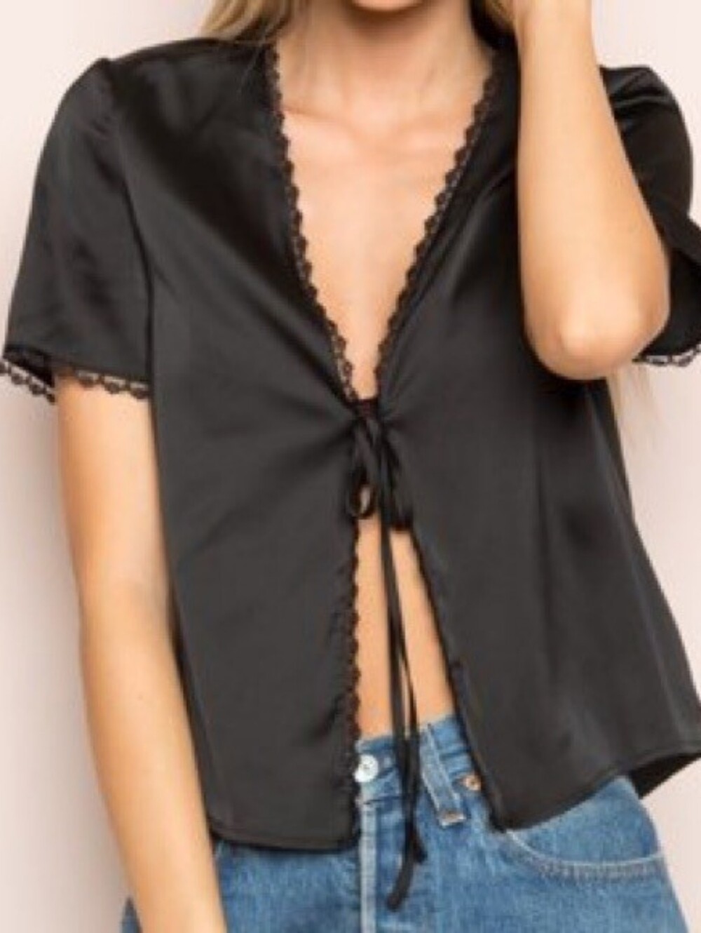 Brandy Melville Black Satin Tie Front Lace Detailing Top Blouse, OS